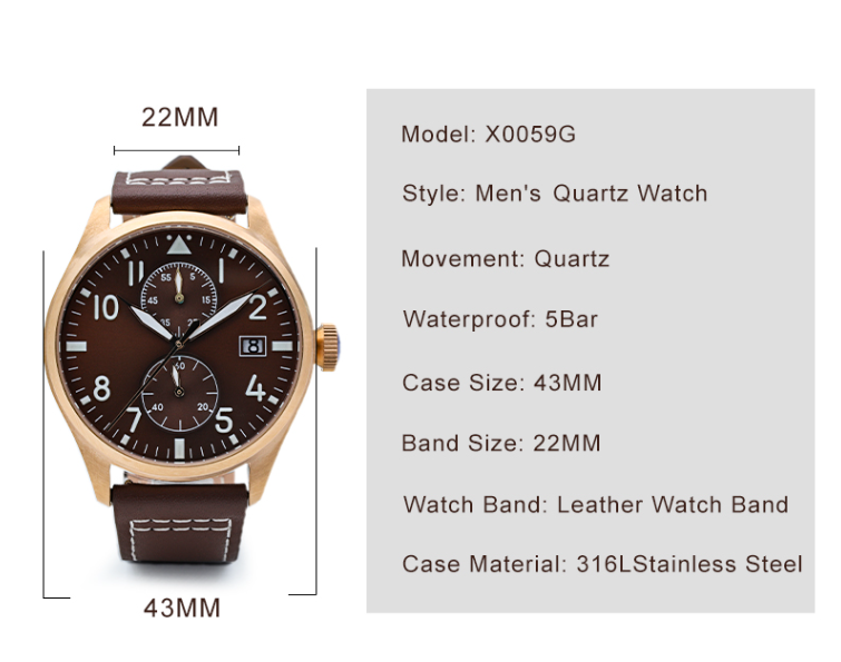 X0059G Unleash Your Elegance with this 43MM Mens Quartz Watch and Leather Band(图1)