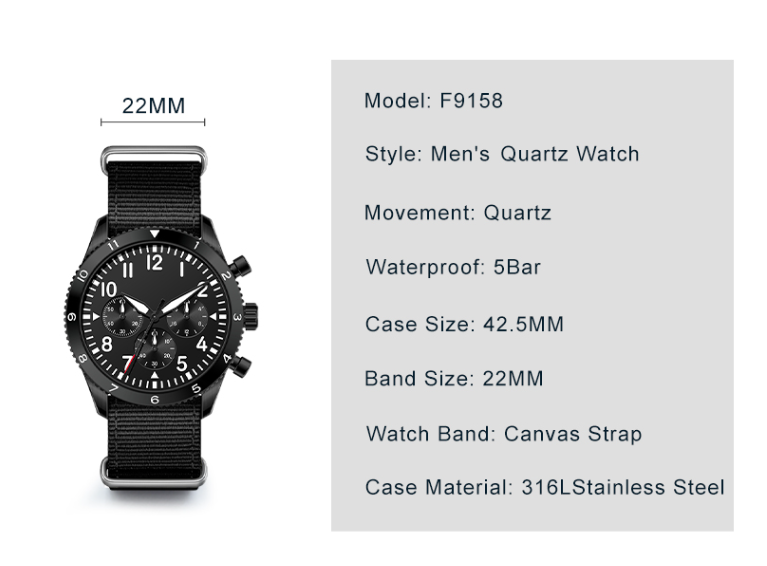 Elegant Mens Quartz Watch - Model F9158-2 with Canvas Strap and 316L Stainless Steel Case(图1)