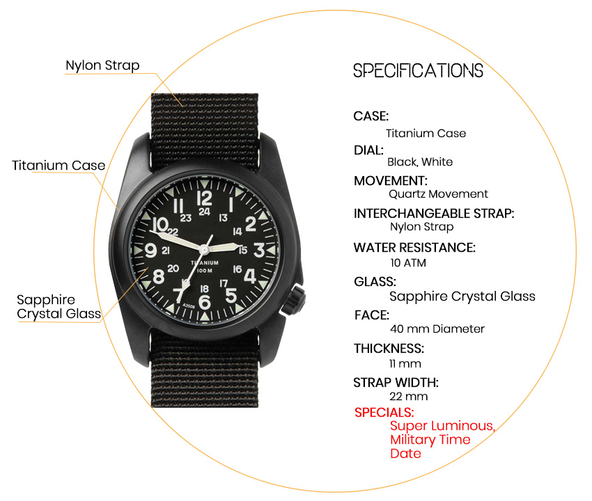 Bertucci Field USA Titanium Watches: ST-0016, Nylon Straps, Quick Shipping(图1)