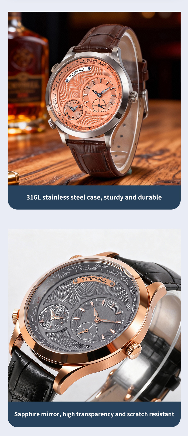 A designer watch featuring dual-movement design and world time function.(图3) T0001G Dual-Movement Design Arabic World Time Watch(图3)