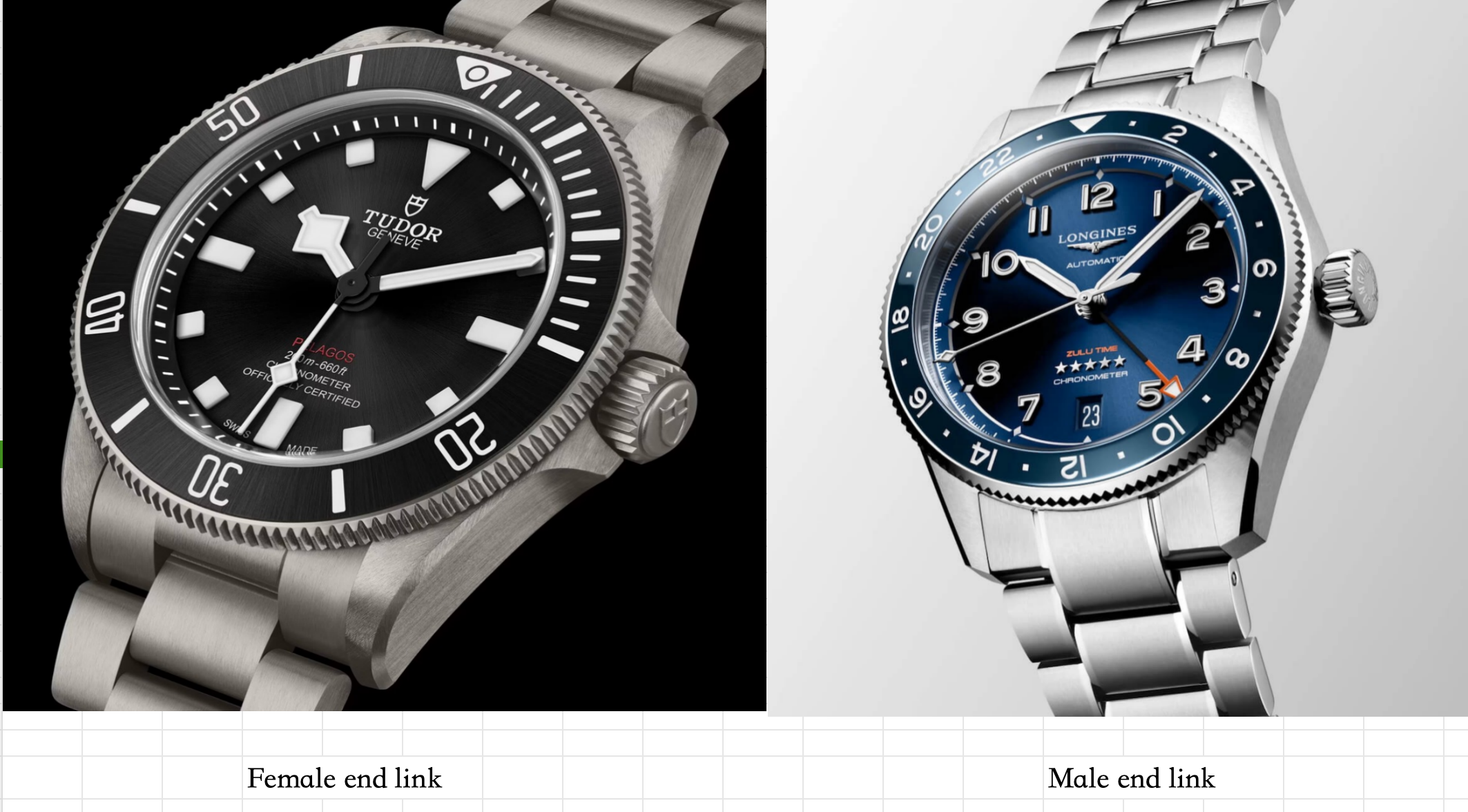 What is the difference in appearance between male and female end links on a metal watch bracelet?(图1)